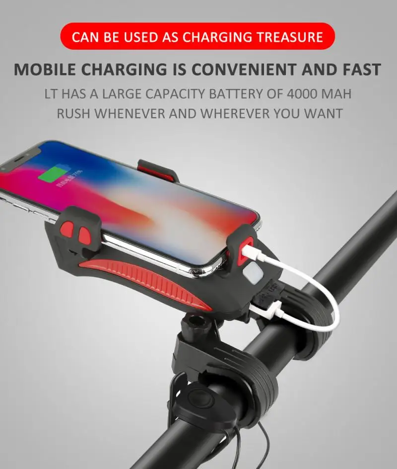 4 In 1 Bike Light USB Highlight Bicycle Phone Holder Light Cycling Horn Led Light Power Bank Mobile Phone Bracket Rechargeable 4 In 1 Bike Light USB Highlight Bicycle Phone Holder Light Cycling Horn Led Light Power Bank Mobile Phone Bracket Rechargeable