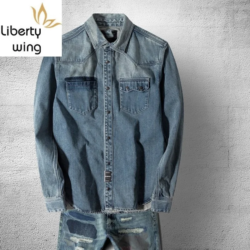 

Top Quality Long Sleeve Lapel Single Breasted Mens Denim Shirt Harajuka Vintage Slim Fit Pockets Male Casual Streetwear Shirts
