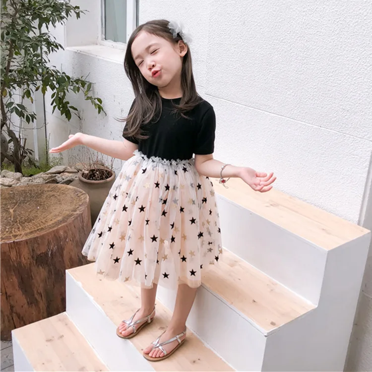 

2019 South Korea Girls Princess Dress Summer Puffy Mesh Dress Star Sequins Dress Short-sleeve Dress