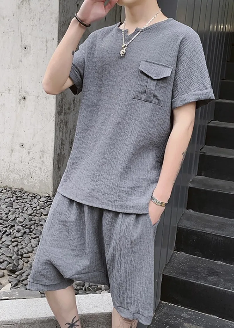 Chinese Style Summer Mens Loose Fit Casual Two Piece Outfits Short Sleeve Pullover Pockets T-Shirts Elastic Waist Cross Shorts