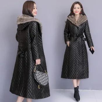 

2019 new Haining mink fur cap Slim long leather female sheepskin down jacket hooded temperament coat