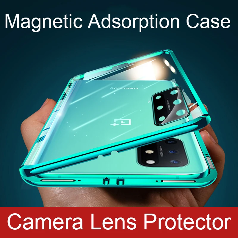 360 tam manyetik kılıf için Oneplus 8T Coque kamera Lens koruyucu cam kapak alüminyum Metal tampon Oneplus 8 Pro telefon kılıfı