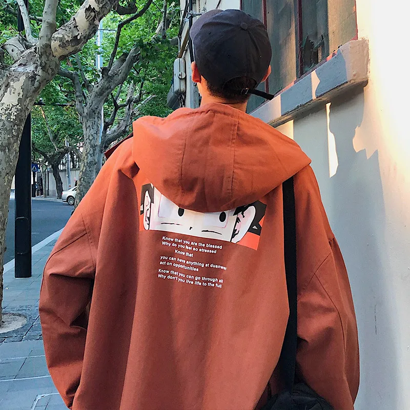 New Sweatshirt Men Street Long Sleeve Loose Jacket Coat Japan Style Cartoon Printed Hooded Zipper Male Outwear M-2XL