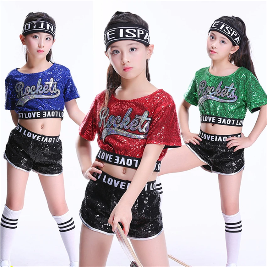 

Kids Jazz Dance Costume Hiphop Dresses for Girls Stage Performance Cheerleader Costumes Holographic Sequin Top+Pant Set