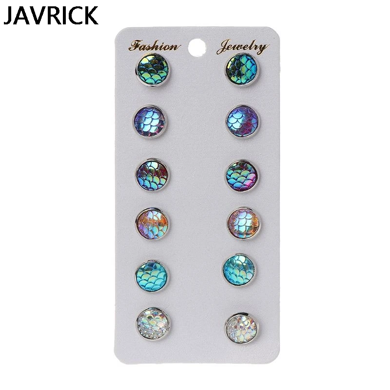 

6 Pairs Beauty Fish Scale Round Crystal Assorted Stud Earrings Set Women Jewelry