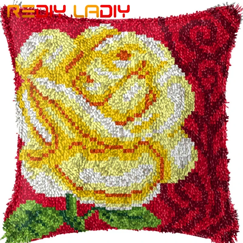 Latch Hook Cushion Kit Gold Rose Pillow Case Acrylic Yarn Sofa Pillow