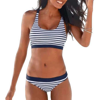 

2019 sexy High waist bikini push up Women's swimsuits striped bandage swimwear black with white for femme Beach swiming suit