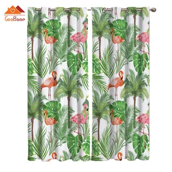 

Green Palmleaf Nordic Flamingo Window Curtains Living Room Outdoor Fabric Drapes Curtain Home Decor