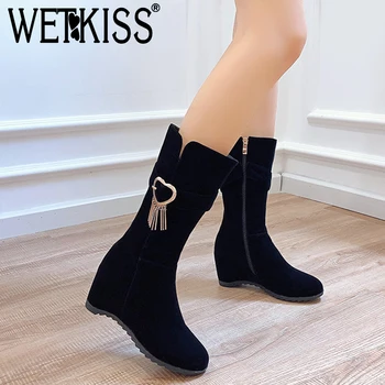 

WETKISS Big Size Women Mid Calf Boot Height Increasing Shoes Woman Round Toe Short Boots Winter High Heel Girls Warm Shoes Lady