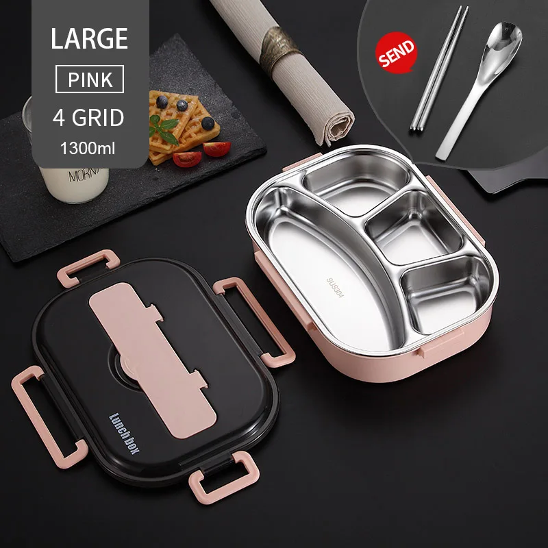 1300ml 4 Grid Pink WORTHBUY японский детский Ланч-бокс из нержавеющей стали 304, Ланч-бокс с отсеком, посуда, контейнер для микроволновой печи - Цвет: 1300ml 4 Grid Pink