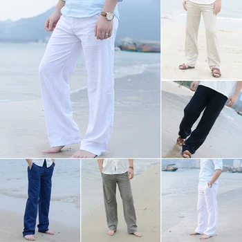 

2020 New Arrivals Men Casual Summer Cotton Linen Wed Leg thai fisherman Loose Long Pant White Black