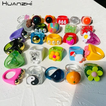 HZ 2021 New Funny Cute Colorful Acrylic Resin Cartoon Animal Love Flower Ring Transparent for Women Girls Party Jewelry Gifts