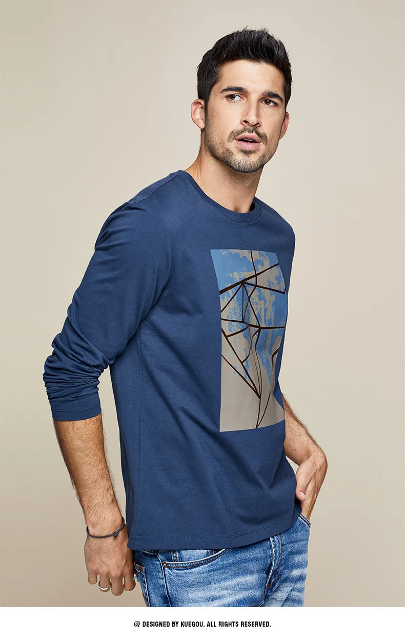 KUEGOU осень хлопок Принт простая синяя футболка мужская футболка брендовая футболка с длинным рукавом Футболка модная одежда Топ 7703