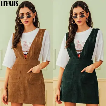 

2020 Spring Autumn Women Vintage Sleeveless Party Dress Casual Double Pocket Retro Corduroy Dress Lady Loose Suspender Sundress