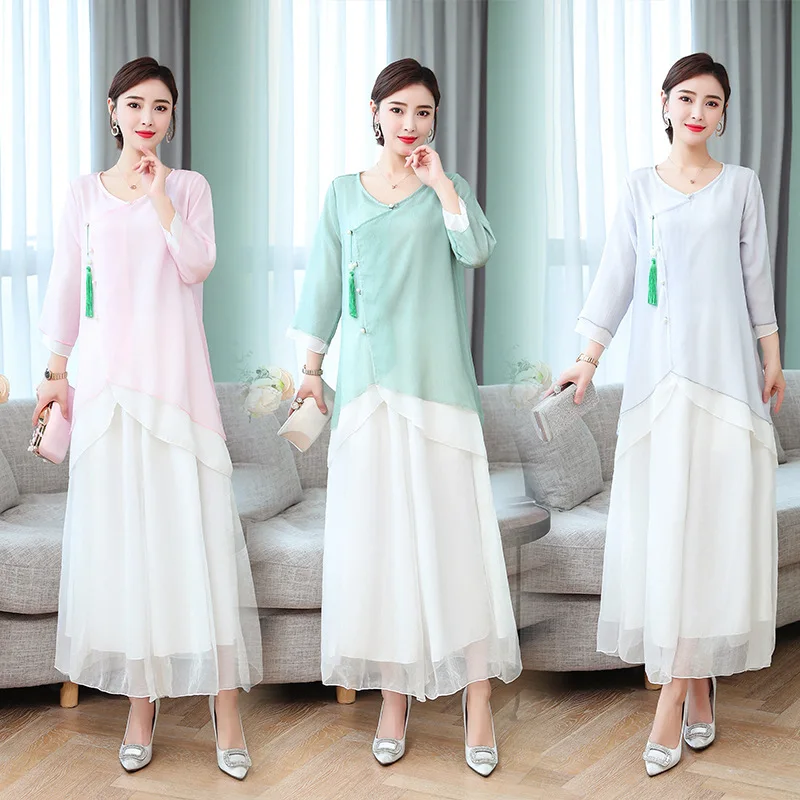 

2019 Summer New Style Ethnic-Style Retro Literature And Art Improvement Chinese Clothing Blouses Irregular Chiffon Blouse