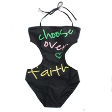 Женский купальник, слитные костюмы с вырезом лодочкой и буквенным принтом, с вырезами, на шнуровке, черный, синий, с лямкой на шее, Y0014