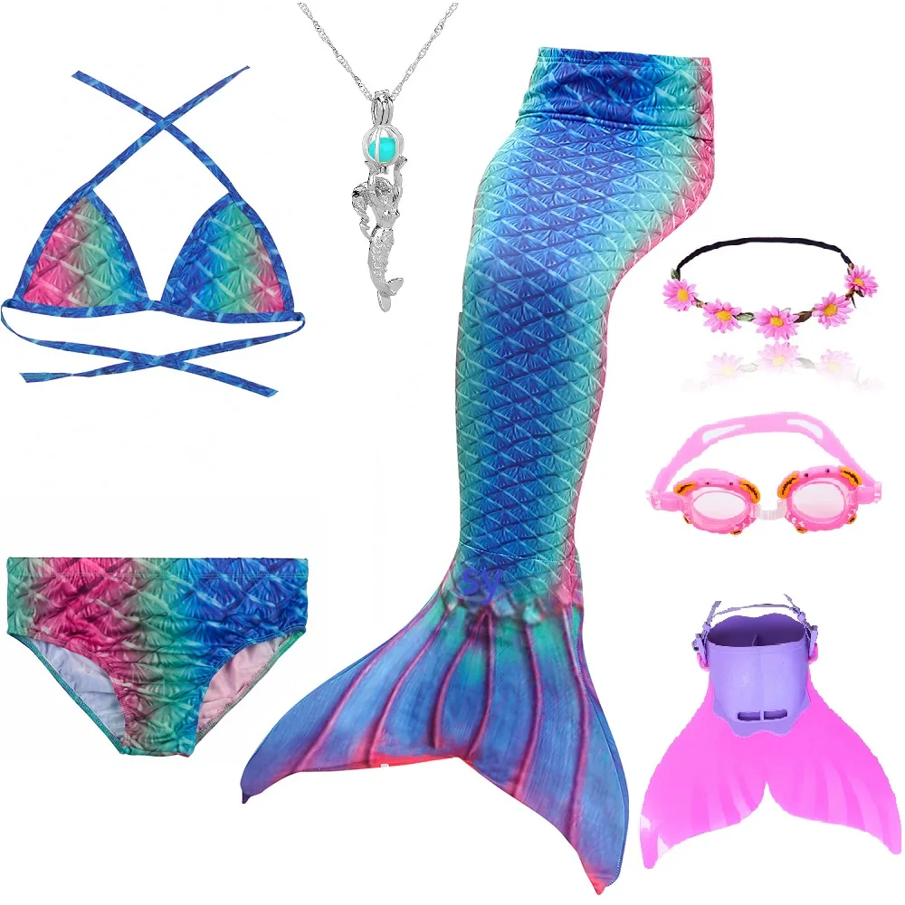 Купальный костюм с хвостом русалки для девочек, купальный костюм, костюм русалки, купальный костюм, можно добавить монофонический плавник, очки с гирляндой - Цвет: DH59 set 1