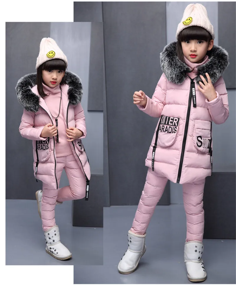 Зимнее пальто для девочек, комплект из рубашки и штанов, хлопковый утепленный комплект одежды из 3 предметов для девочек 4-12 лет, Детский Теплый комплект с пальто
