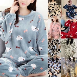 2022NEW Winter Women Cartoon Animal Warm Pajamas 2Pcs Set Long Sleeve Pullover Top Loose Pants Thick Coral Velvet Sleepwear