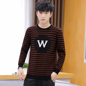 

2019 men fall round collar stripe sweater sweater teenagers cultivate one's morality