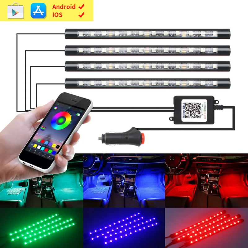  4PCS Car LED Strips Decorative Lamps Flexible RGB Phone APP RF Remote Controller LED Interior Light - 33001479135