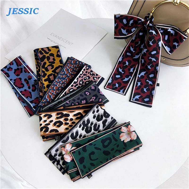 

JESSIC New Women Scarf Skinny Silk Leopard Print Bandana Small Handle Bag Ribbons Female Neckerchief Head Scarves & Wraps