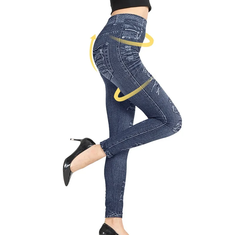 2021 New Women Elastic Jean Leggings Pants High Waist Slim Push Up Seamless Pencil Pants Denim Casual Pants aybl leggings