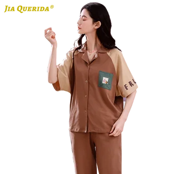 

100% Cotton Brown Woman Clothes Pjs Pj Set Patchwork Front Pocket Capris Turn Down Collar Short Sleeve Ladies Printing Pajamas