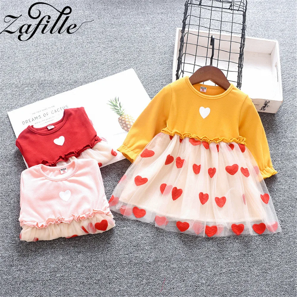 Baby Dress Long Sleeve Cute Heart Patchwork Mesh Princess Party Dress 0-2 Years