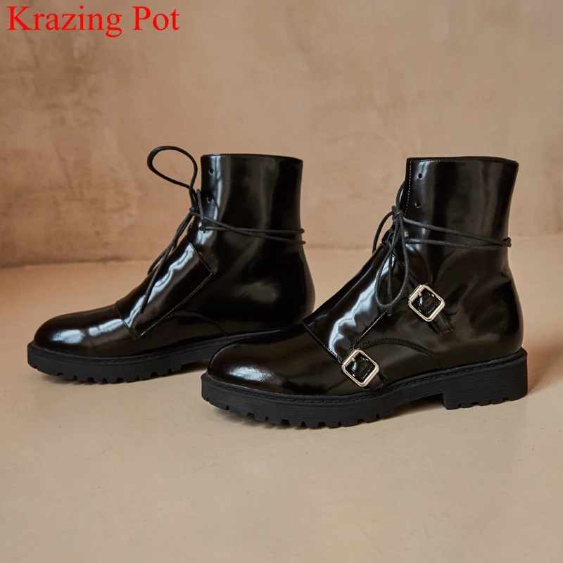 

new arrivals round toe cow leather med heels lace up women ankle boots luxury runway motorcycle boots platform winter shoes L24