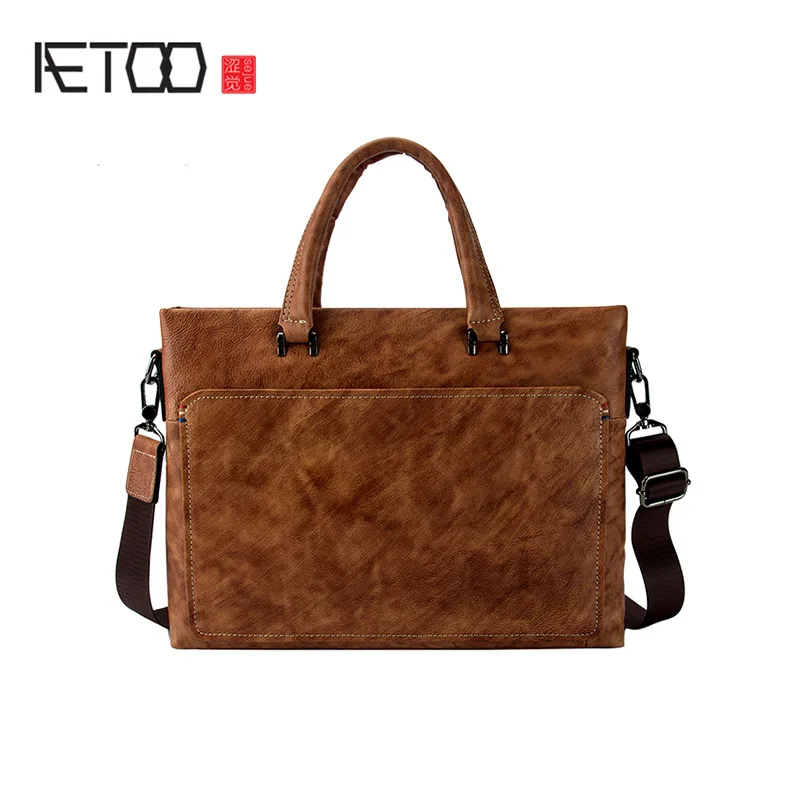 

AETOO Leather men's handbags, men's briefcases, business casual one-shoulder stiletto computer bags, hand-held postman bags