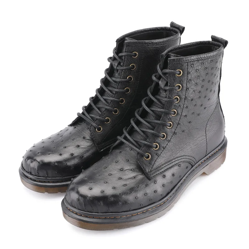 

Autumn/Winter Style Authentic Real Ostrich Skin Men's Martin Boots Genuine Leather Skidproof Sole Male Lace-up High-lift Shoes