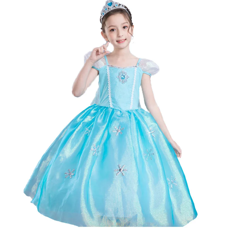 

4-10T Girls Elsa Dress Snow Queen Clothes Cartoon Party Cosplay Costume Kids Puff Sleeve Glitter Cloak Princess Dress with Cape