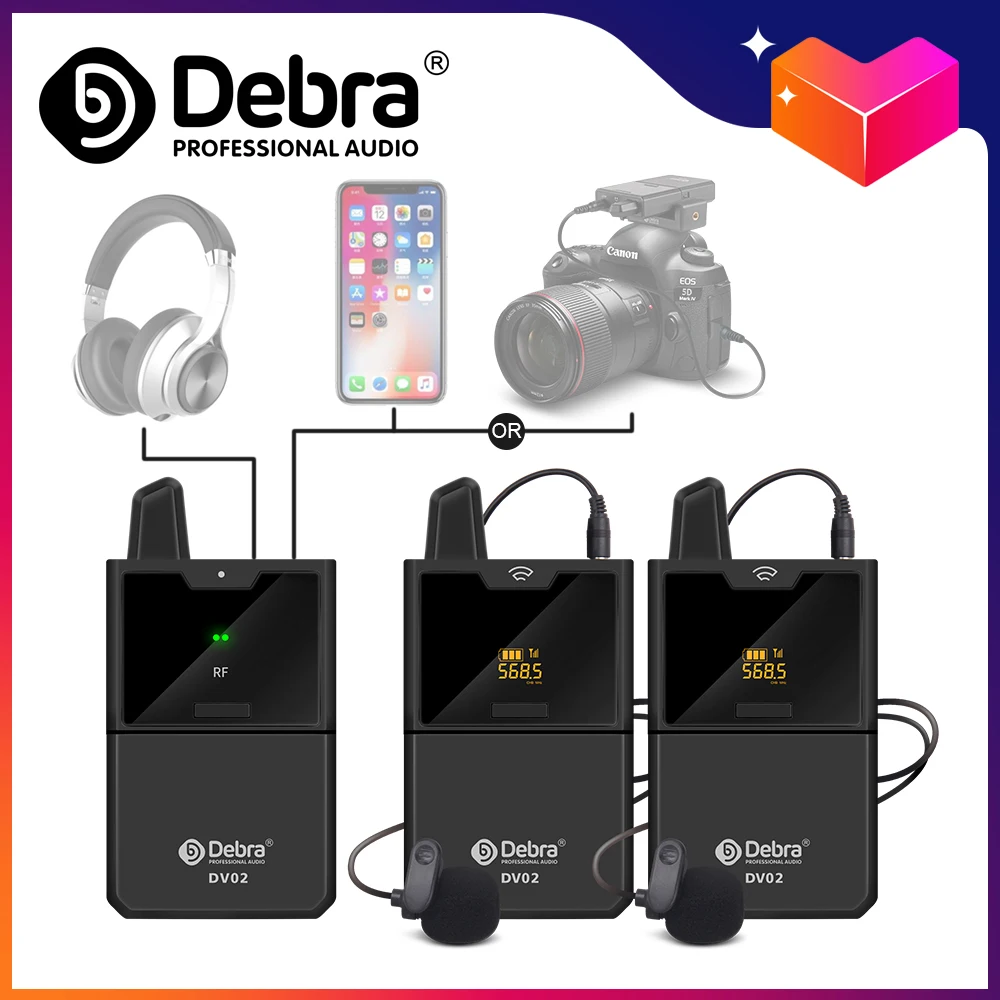 

Debra DV01/02 UHF Wireless Lavalier Microphone Audio Monitor 50M Range Clip-on Lapel Microphone for Phone DSLR Camera Recording