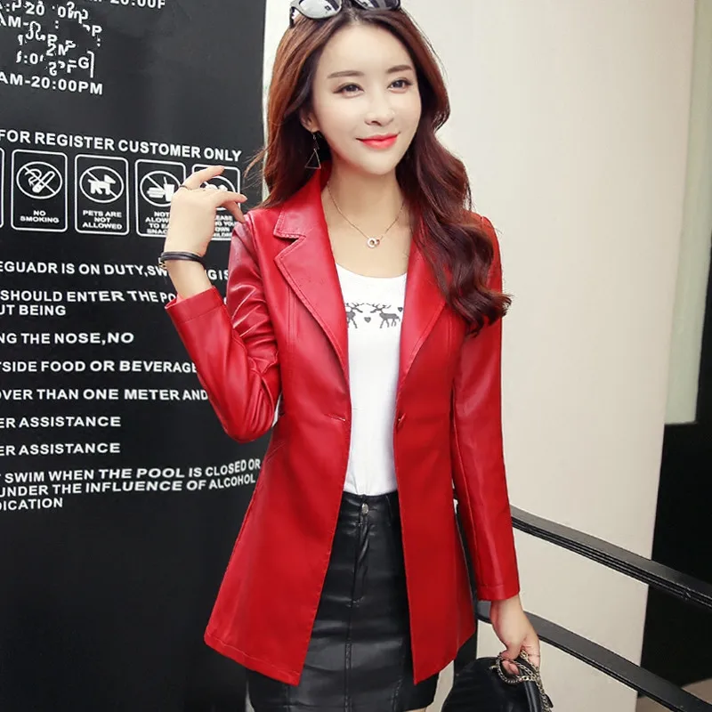 

Casual PU Leather Jacket for Women Slim Medium Long Coat Female Spring Black Red Faux Leather Jackets chaqueta mujer YQ227