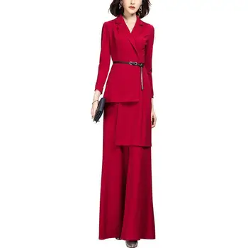 

Women's 2020 Spring Temperament OL Suit Irregular Fashion Wide Leg Pants Red Blazer 2 Piece Set Women Office Lady Outfits WF158