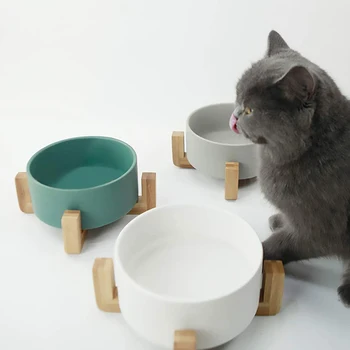 

Pet Ceramic Elevated Raised Cat Bowl With Wood Stand No Spill Pet Food Water Feeder Cats Small Dogs Feeding Bowl Cats Dog Tools