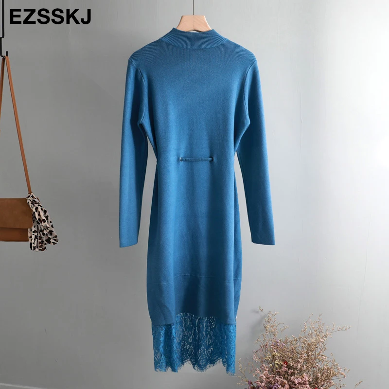 elegant O-neck loose long Thick Sweater dress women Autumn Winter lace Drawstring dress Femme Lace Up loose robe Knitted dress