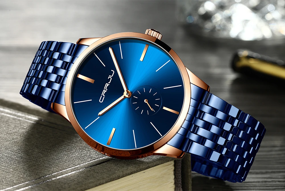 CRRJU часы мужские модные деловые часы мужские повседневные водонепроницаемые кварцевые наручные часы синие стальные часы Relogio Masculino