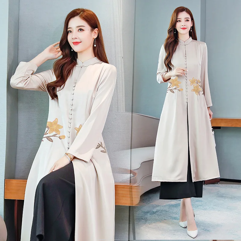 

2019 Autumn And Winter Embroidery Dress Chinese-style Retro Single Breasted feng yi qun Women's Trend of Fashion Two-Piece Set W