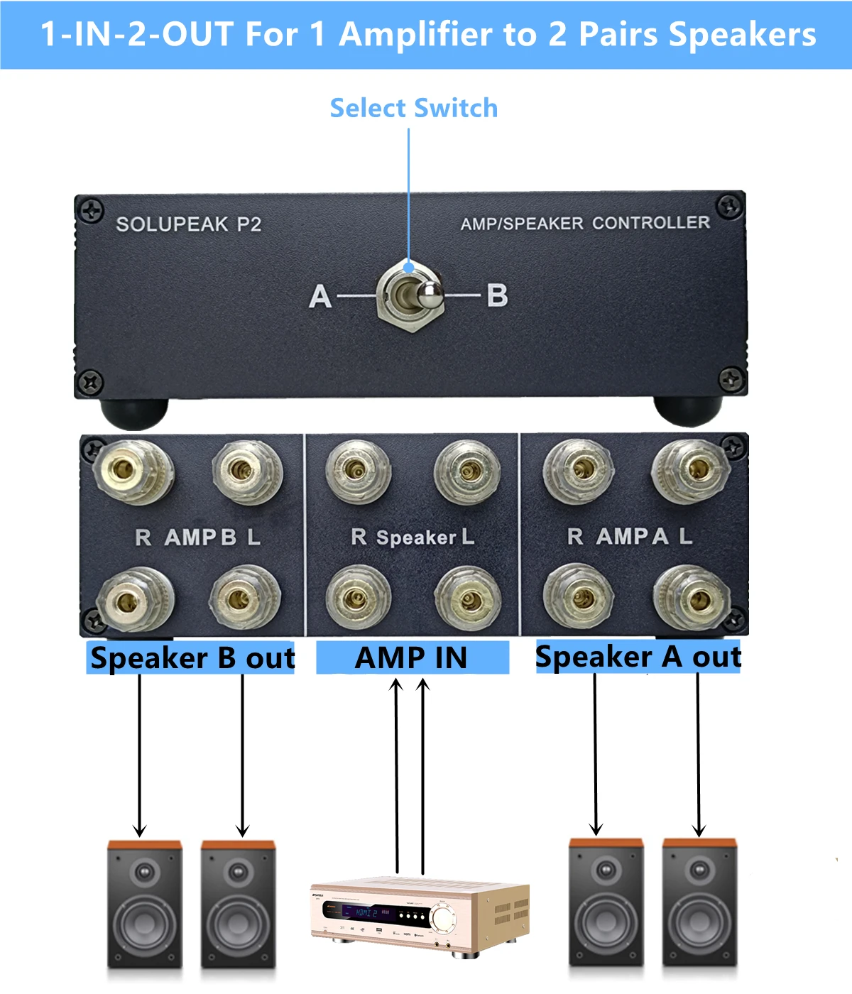 Amplificatore a 2 vie/scatola di commutazione del selettore dell'altoparlante dell'altoparlante, switcher della sorgente del segnale di ingresso audio stereo passivo per audio hifi