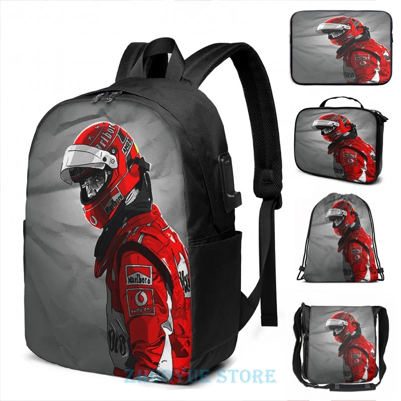 Смешной графический принт Шумахер USB зарядка Рюкзак Мужские школьные сумки