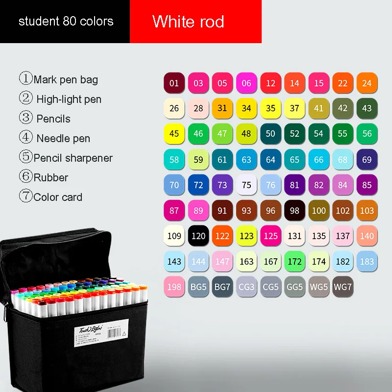 Markers brush Pen Set authentic student double-headed beginner 30/40/60/80 colors oil alcohol painting marker art supplies - Цвет: Student 80 White rod