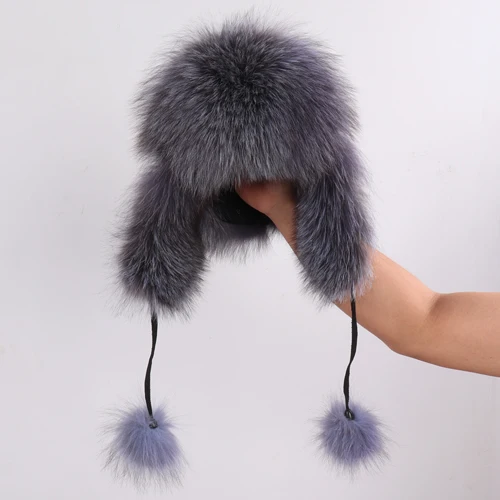 Новые брендовые русские женские пушистые меховые шапки-бомберы из натурального Лисьего меха, зимняя теплая шапка для девочек, натуральная меховая шапка - Цвет: silver fox fur
