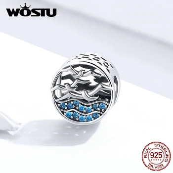 

WOSTU Blue Zircon Seagulls Charm 925 Sterling Silver Round Beads Pendant Fit Original Bracelet Necklace Fashion Jewelry FIC1454