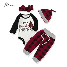 Коллекция года, брендовый Рождественский комплект одежды для малышей, детский комбинезон, топ+ штаны клетчатый комплект из 4 предметов, рождественские наряды с шапочкой для мальчиков и девочек