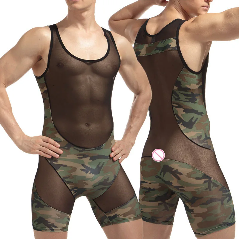 Men Sexy Underwear Bodysuit Fashion Sexy Man Jumpsuit Wresting Undershirts Shapers Camouflage Ultra Thin Tight Bodysuit,men underwear