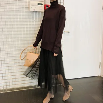 

Gao Collar Sweater Female Thicken Loose Medium Length Money Knitting Backing Shirt