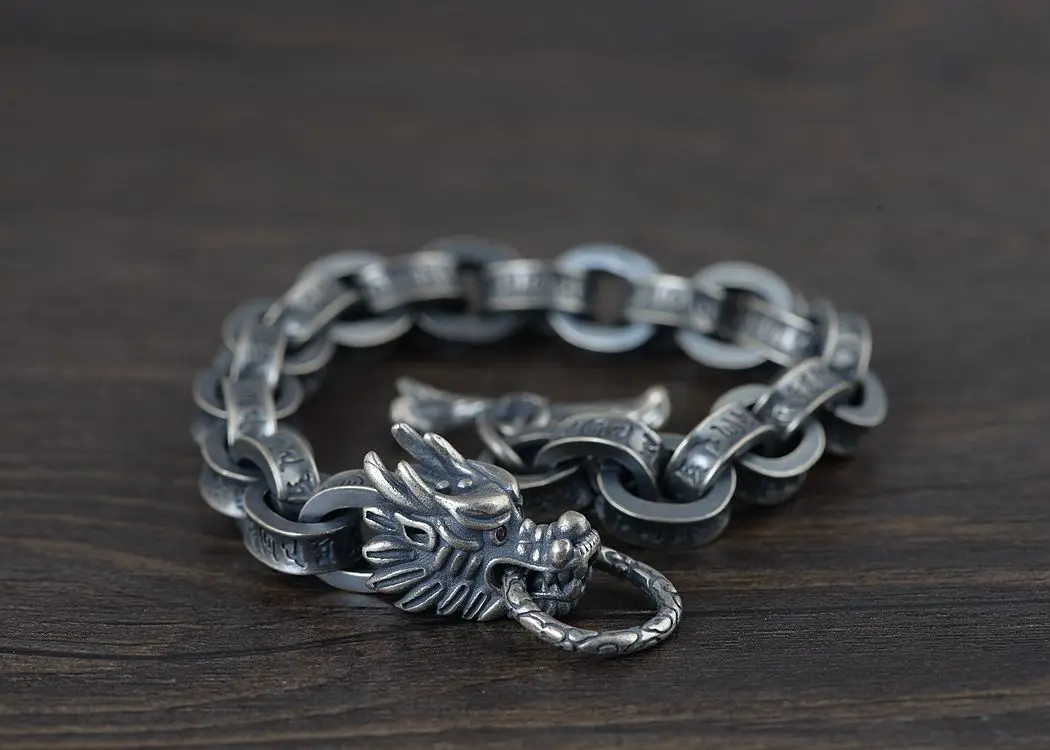 2021 New 100% ture Solid S925 silver antique Thai silver bracelet for Man six-word mantra leading silver bracelet men's bracelet