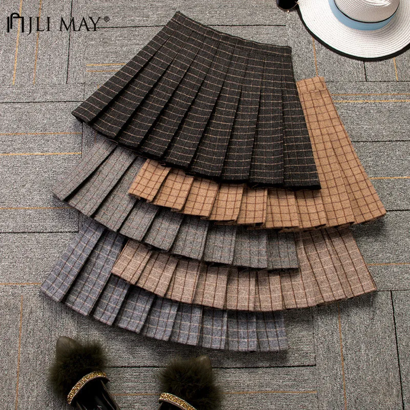 JLI мая, юбка с высокой талией, Осень-зима, однотонная, имперская, клетчатая, плиссированная, шерстяная, короткая, женская, плюс размер, консервативный стиль